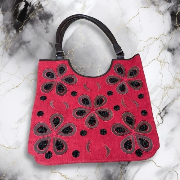 AARONG Hand Beaded Floral Shoulder Tote Bag Red Black Brown - Picture 3 of 11